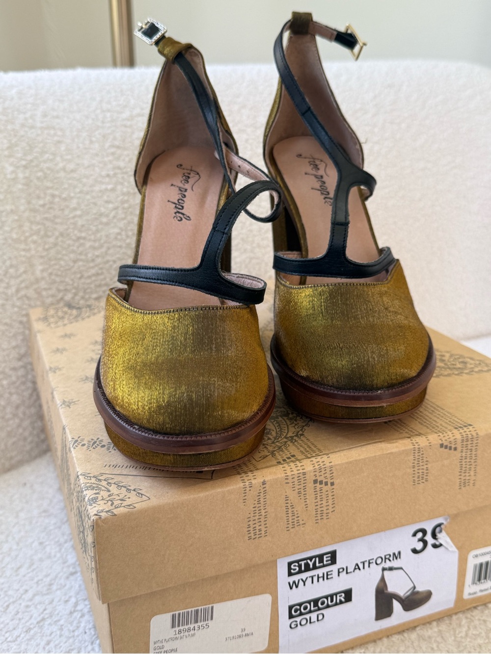 Free People Metallic Gold Velvet T-Strap Platform Pumps with Black Trim - Picture 6 of 8